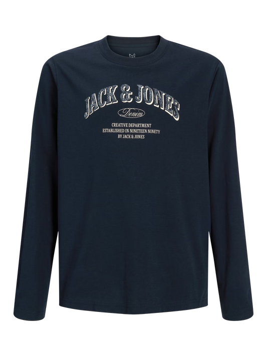 Chandail - Jack & Jones bleu marine à manches longues en coton, logo blanc imprimé sur le devant, vue de face.