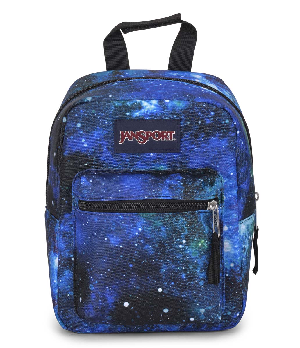 Boîte à lunch - Big Break bleu avec motif galaxie, polyester, pour enfant, vue de face avec poignée et poche zippée.