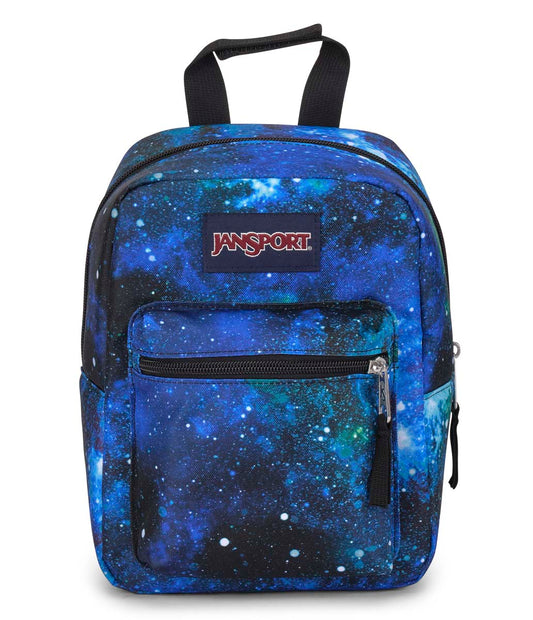 Boîte à lunch - Big Break bleu avec motif galaxie, polyester, pour enfant, vue de face avec poignée et poche zippée.