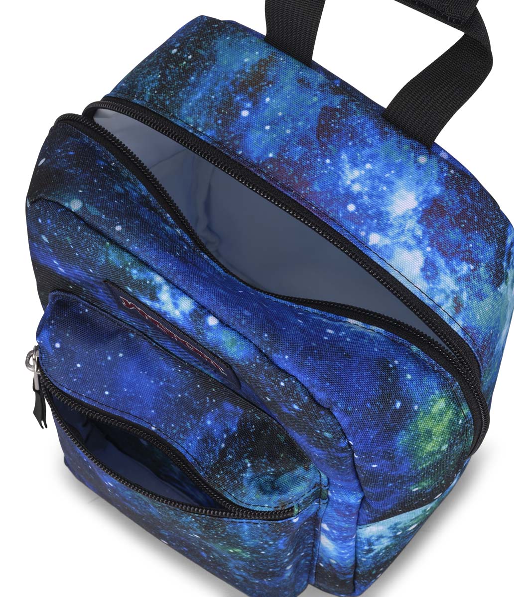 Boîte à lunch - Big Break motif galaxie bleu et vert, tissu résistant, 8 litres, vue partielle ouverte avec poches visibles.