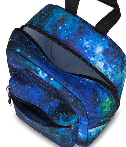 Boîte à lunch - Big Break motif galaxie bleu et vert, tissu résistant, 8 litres, vue partielle ouverte avec poches visibles.