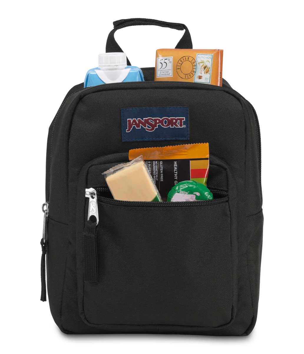 Boîte à lunch - Big Break noire en tissu avec logo, 8 litres, vue de face avec contenu visible, style fonctionnel unisexe adulte.