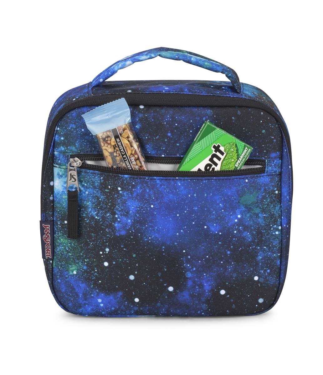 Boite à lunch - Lunch Break imprimé galaxie bleu et noir, fermeture zippée, poignée, vue de face avec encas visible.