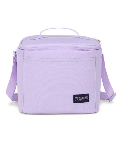 Boite à lunch - Super Snac lavande clair en tissu polyester avec bandoulière réglable, vue de face, enfant.