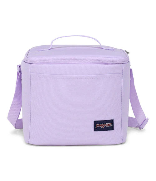 Boite à lunch - Super Snac lavande clair en tissu polyester avec bandoulière réglable, vue de face, enfant.