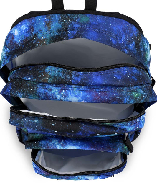 Sac à dos - Big Student bleu étoilé avec plusieurs compartiments ouverts, tissu polyester, vue de dessus intérieur