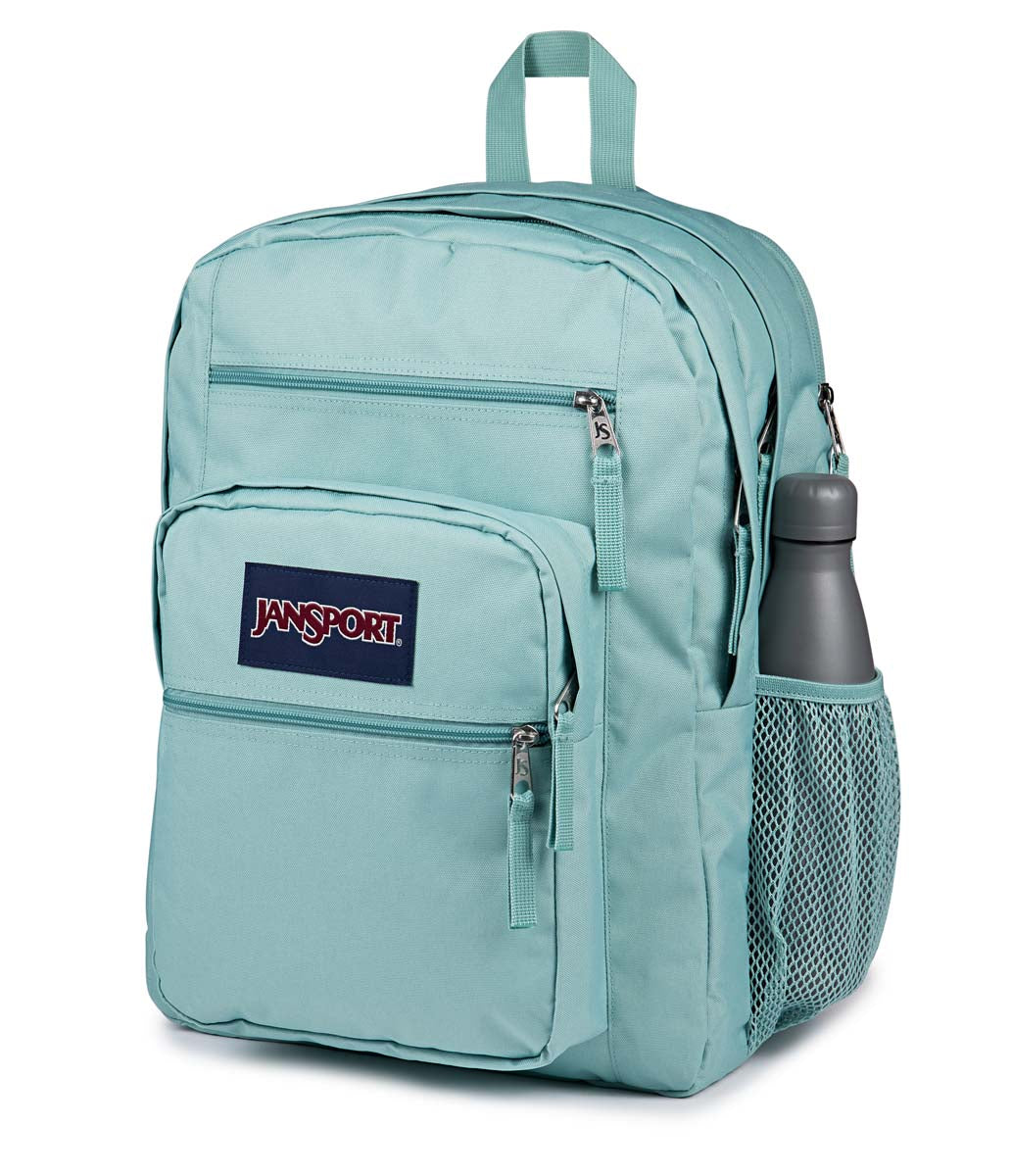Sac à dos - Big Student bleu clair en polyester avec multiples poches, porte-bouteille latéral, vue de face angle droit