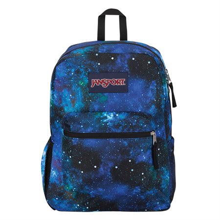 Sac à dos - Cross Town Plus bleu nuit avec motifs galaxie blancs, poches zippées, style adolescent, vue de face.