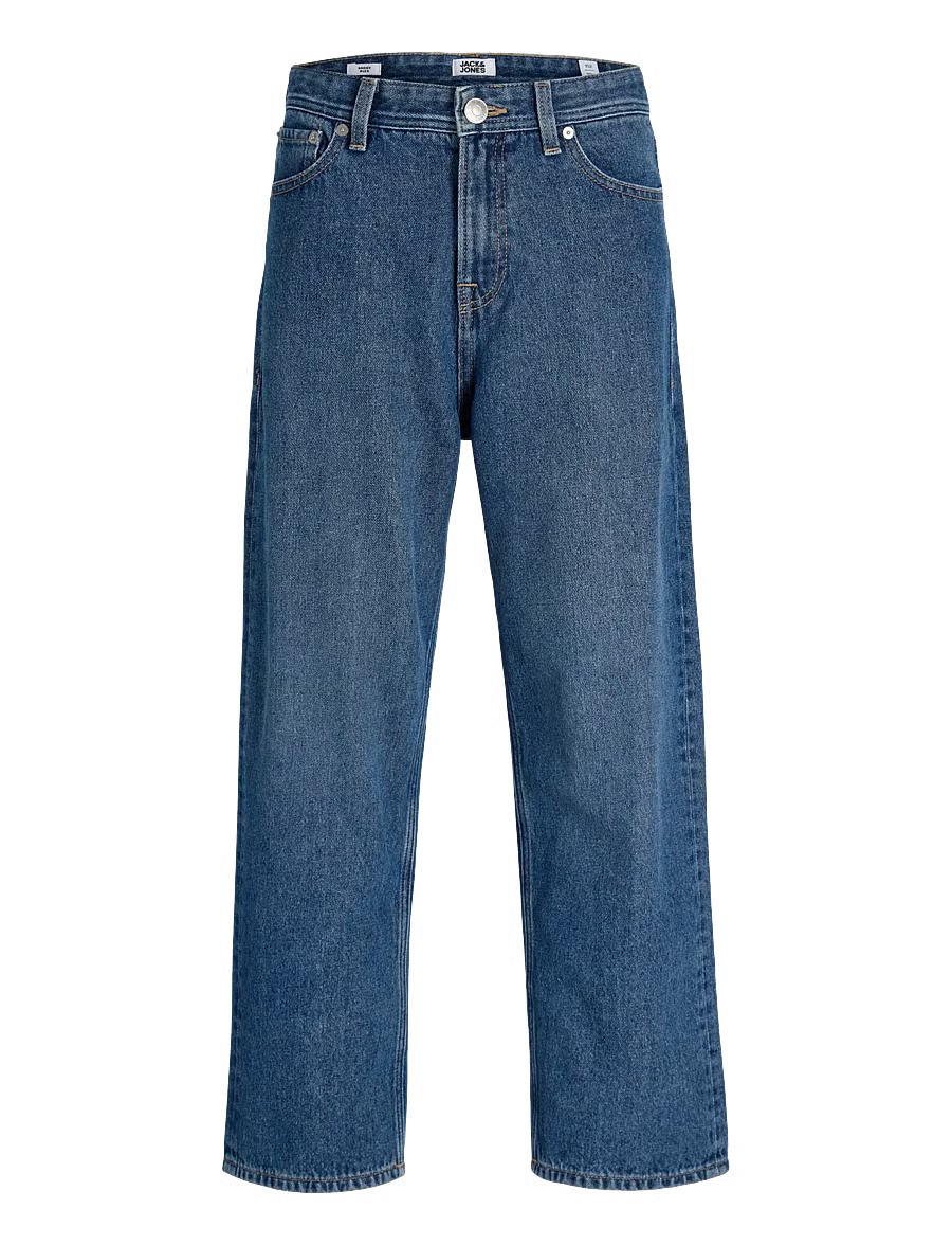 Jeans - Jack & Jones en denim bleu, coupe droite, cinq poches et braguette boutonnée, vue de face