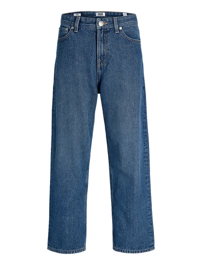 Jeans - Jack & Jones en denim bleu, coupe droite, cinq poches et braguette boutonnée, vue de face