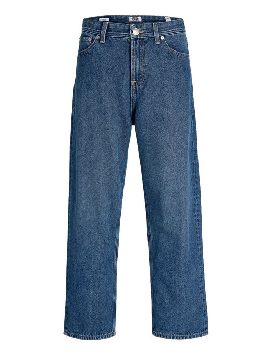 Jeans - Jack & Jones en denim bleu, coupe droite, cinq poches et braguette boutonnée, vue de face