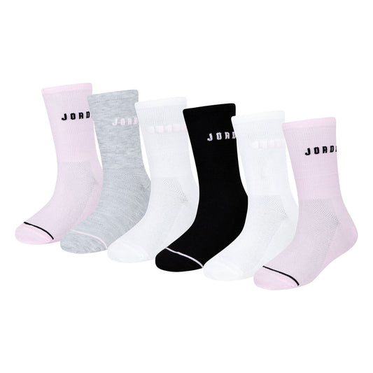 6 Paires de bas - Jordan en coton polyester rose, gris, blanc et noir, style mi-mollet, vue de profil sur fond blanc.