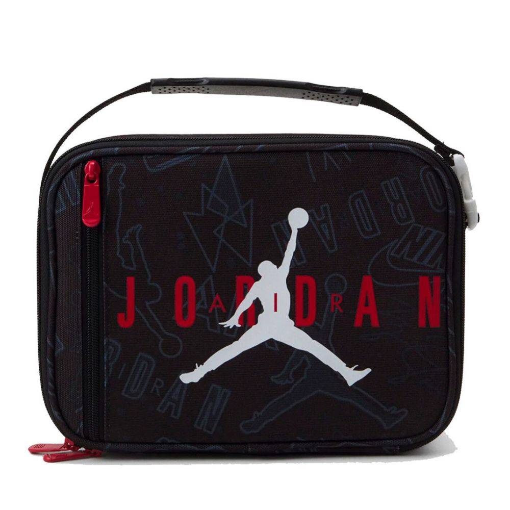 Boite à lunch - Jordan noire avec logo Jumpman blanc et texte rouge, fermeture éclair rouge, style sport, vue de face.