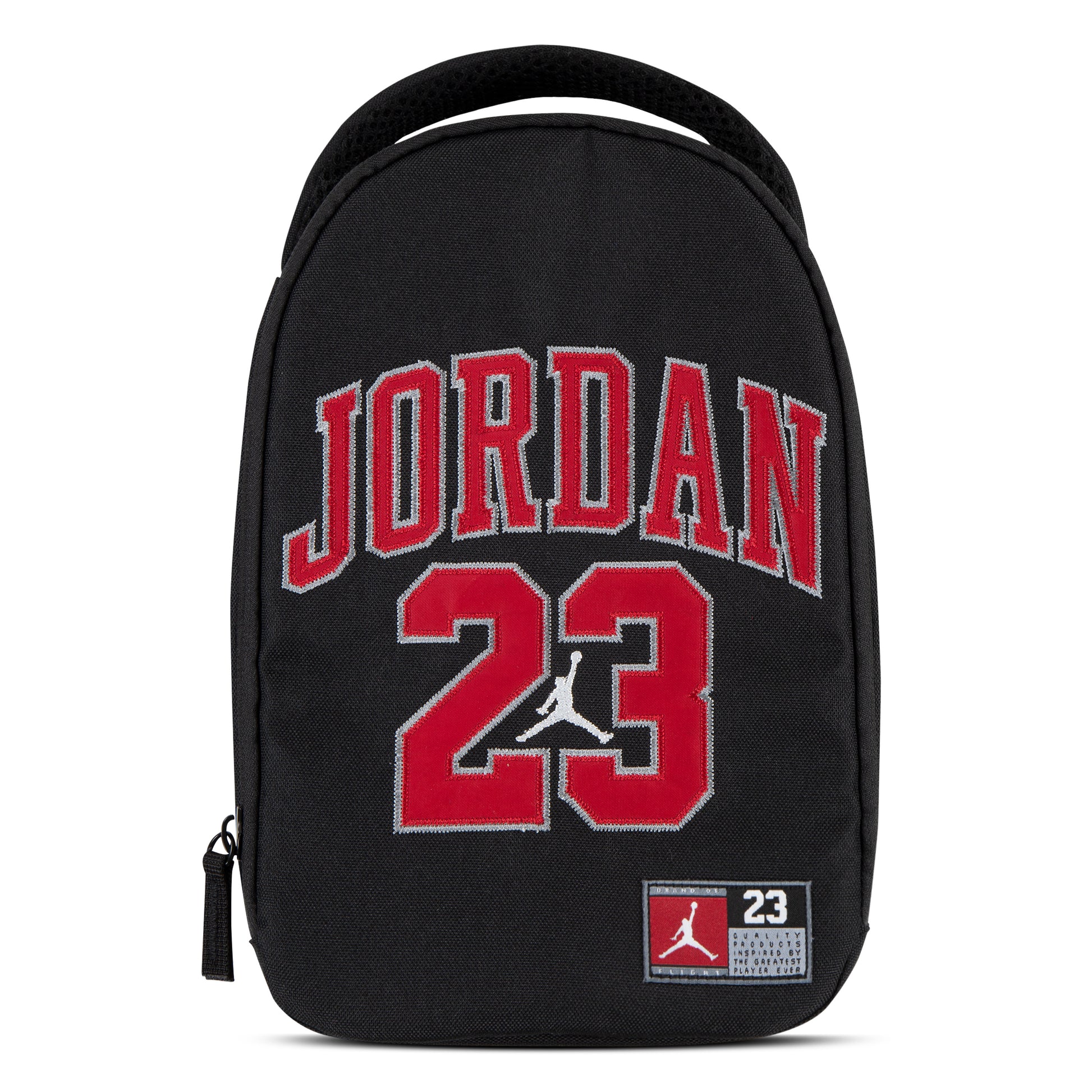 Boite à lunch - Jordan noire avec logo rouge et blanc 23, style sport, pour enfant, vue de face.