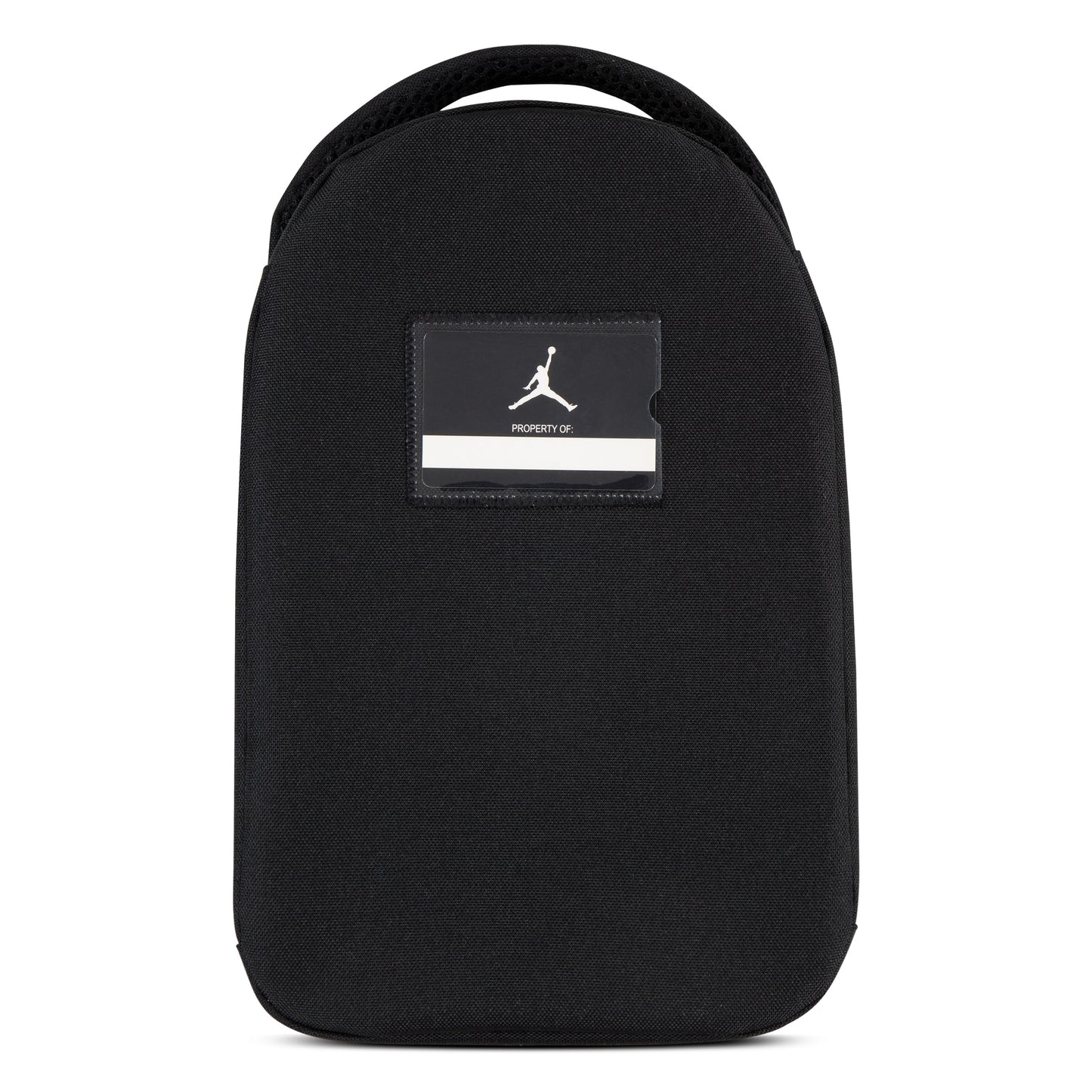 Boite à lunch - Jordan noire avec bande blanche et logo silhouette, poignée, style enfant, vue de face.