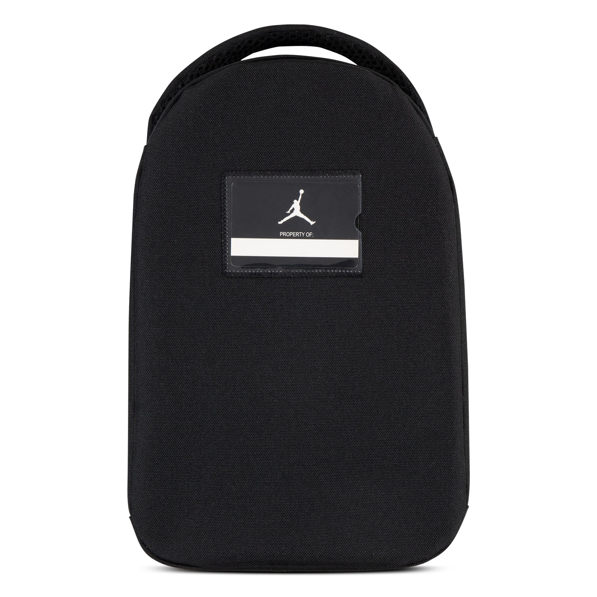 Boite à lunch - Jordan noire avec bande blanche et logo silhouette, poignée, style enfant, vue de face.