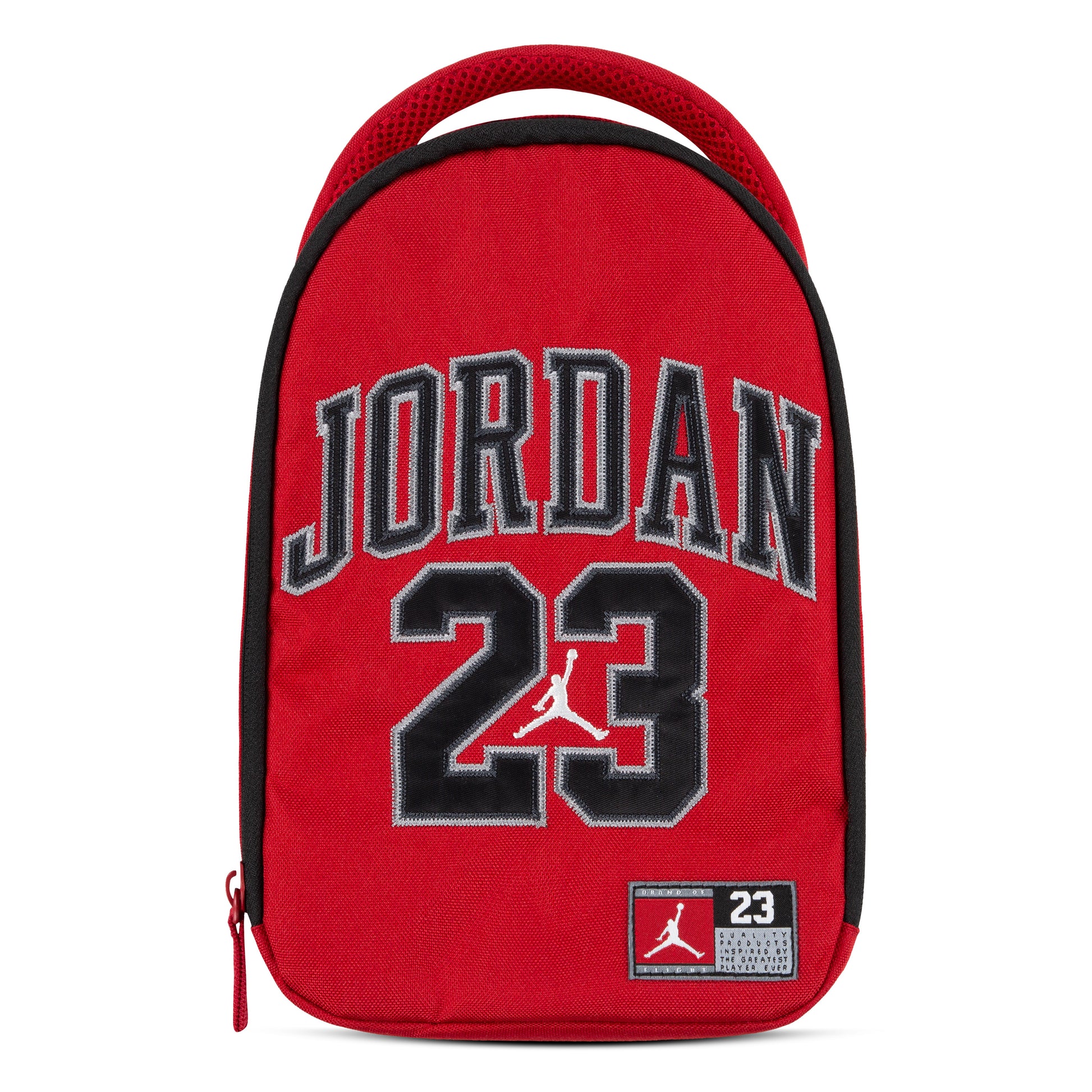 Boite à lunch - Jordan rouge et noire en tissu, logo 23 brodé, style sportif, pour enfant, vue de face.