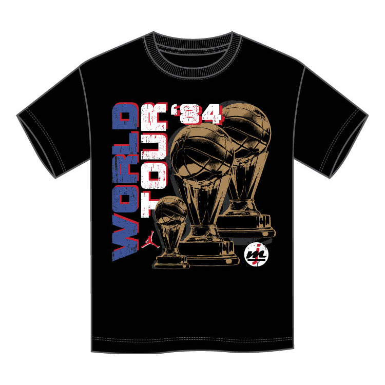 T-Shirt - Jordan noir avec imprimé trophées dorés et texte bleu et blanc, coton polyester, pour garçon, vue de face