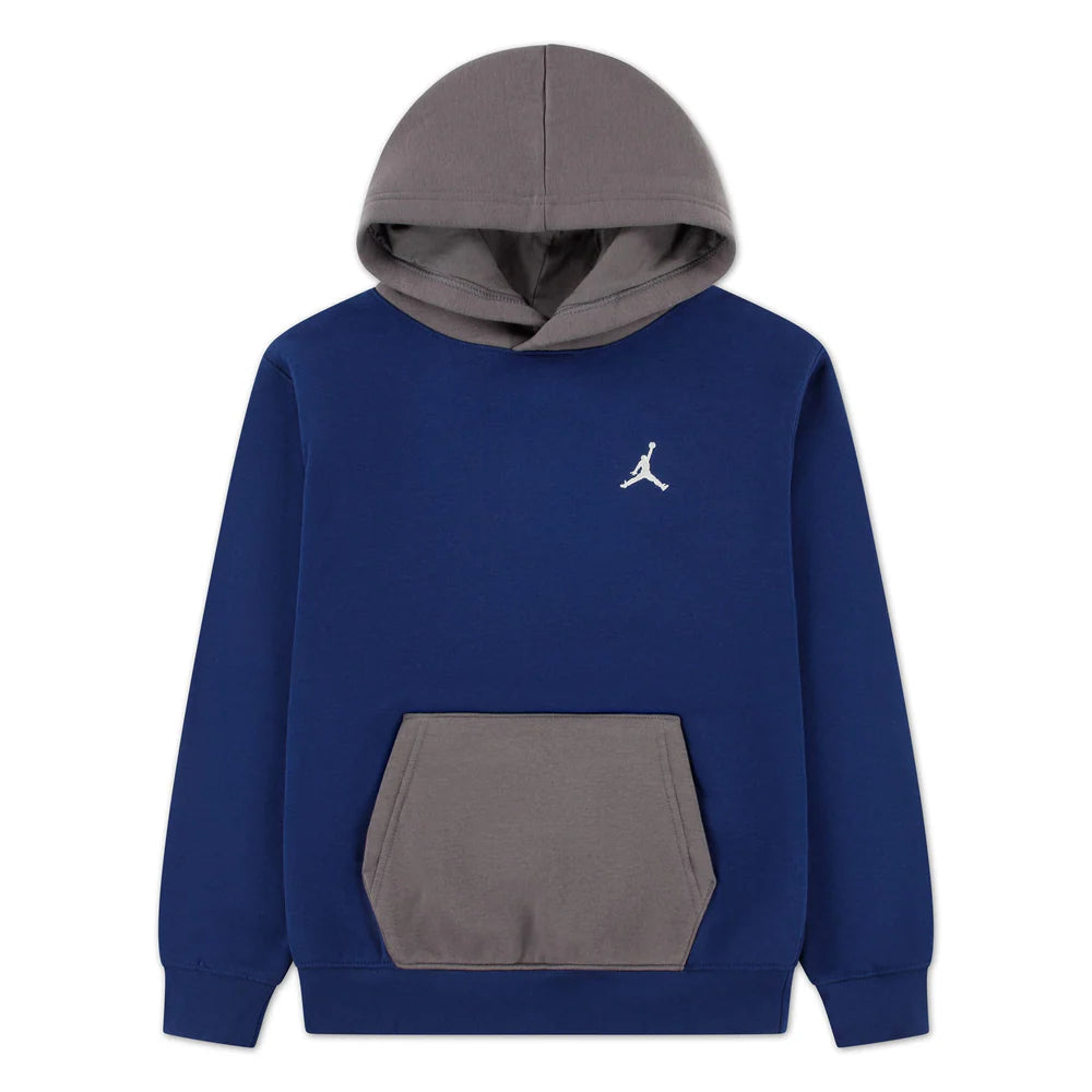 Hoodie - Jordan bleu marine et gris avec capuche, poche kangourou, logo blanc, style garçon, vue de face.