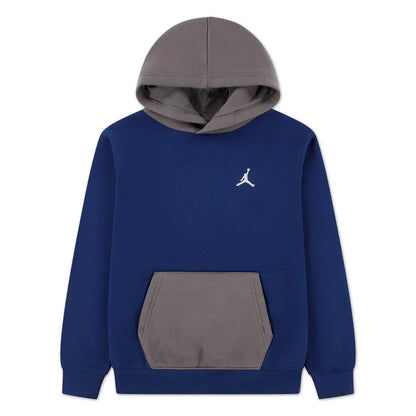 Hoodie - Jordan bleu marine et gris avec capuche, poche kangourou, logo blanc, style garçon, vue de face.