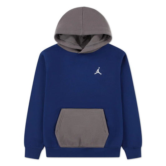 Hoodie - Jordan bleu marine et gris avec capuche, poche kangourou, logo blanc, style garçon, vue de face.