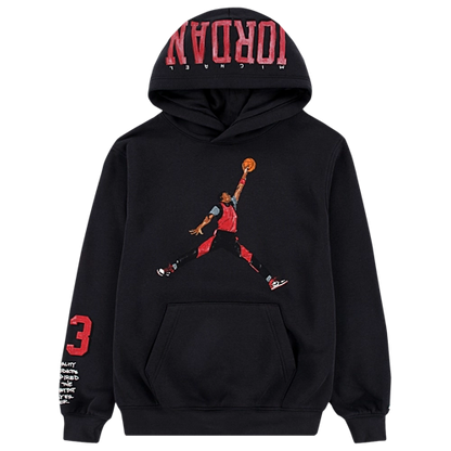 Jordan junior hoodie in black with a drawstring hood and logo on the front, perfect for casual wear.