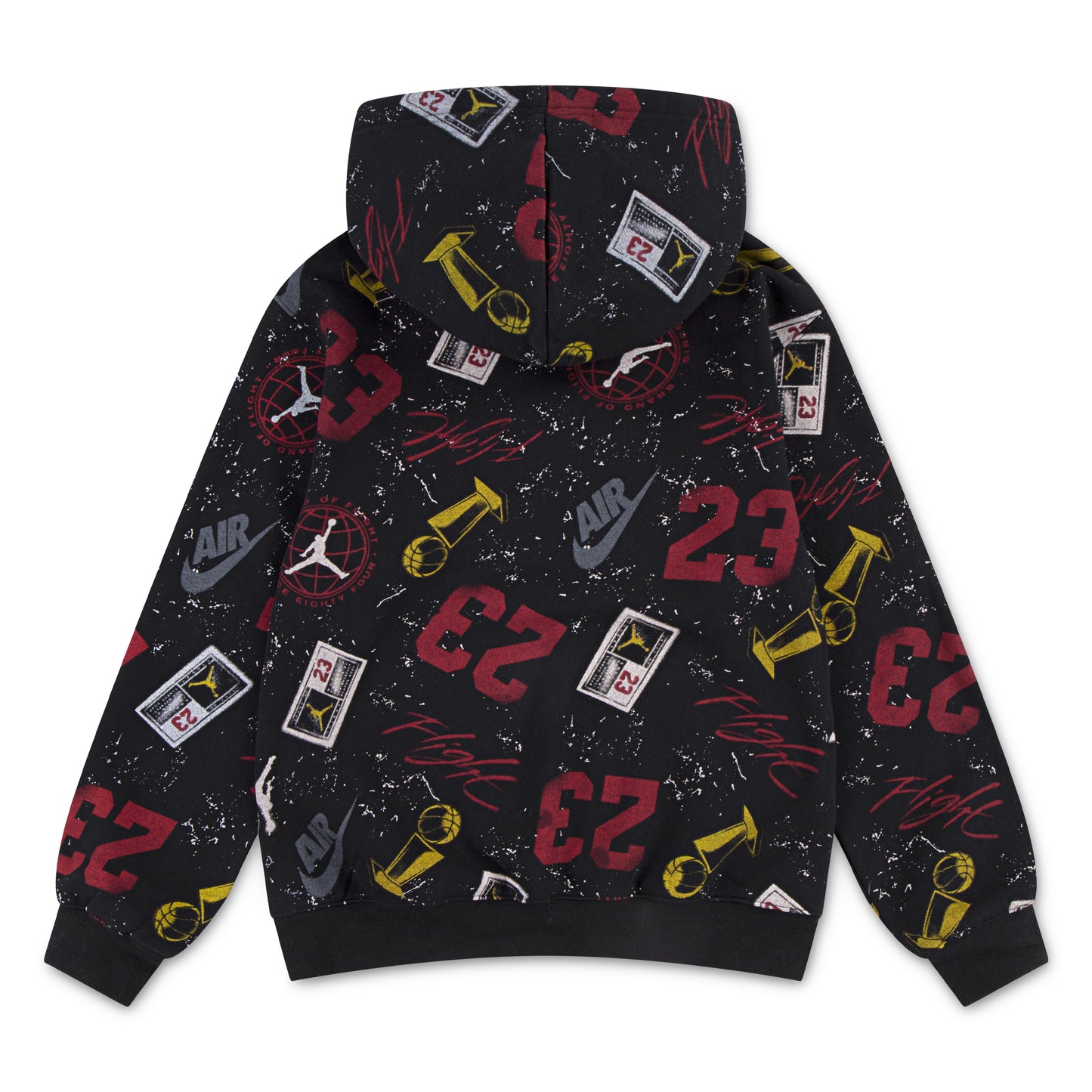 Hoodie - Jordan noir avec impressions rouges, jaunes et grises, motifs basket et chiffres, pour garçon, vue de dos