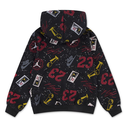 Hoodie - Jordan noir avec impressions rouges, jaunes et grises, motifs basket et chiffres, pour garçon, vue de dos