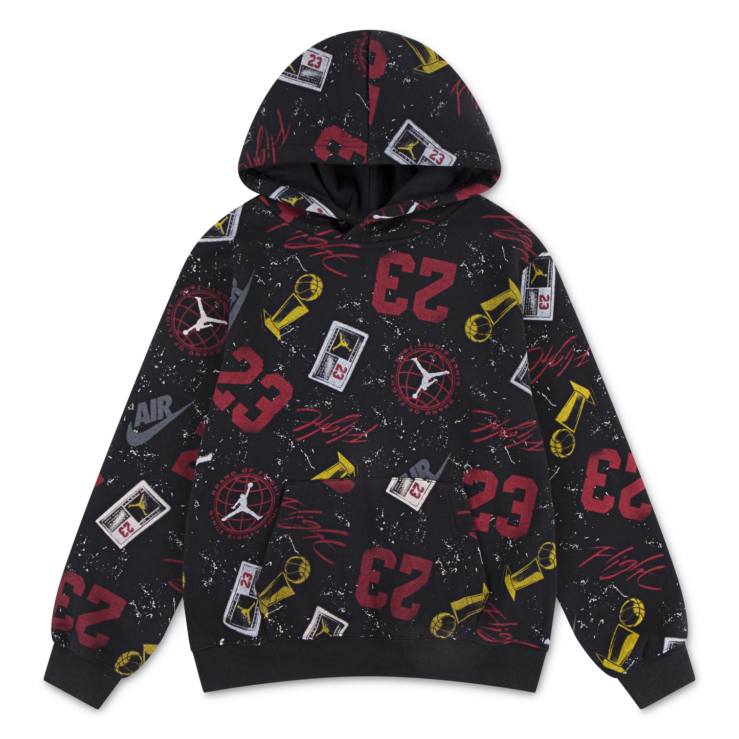 Hoodie - Jordan noir avec motifs rouges, jaunes et blancs, coton polyester, style garçon, vue de face à capuche.