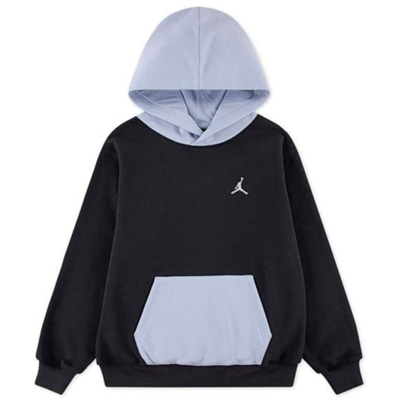 Hoodie - Jordan noir et bleu clair en coton polyester, capuche, style garçon, vue de face, logo poitrine blanc.