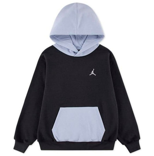 Hoodie - Jordan noir et bleu clair en coton polyester, capuche, style garçon, vue de face, logo poitrine blanc.