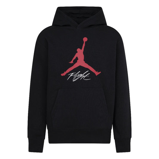 Hoodie - Jordan noir en coton avec logo rouge Flight et poche kangourou, style garçon, vue de face.