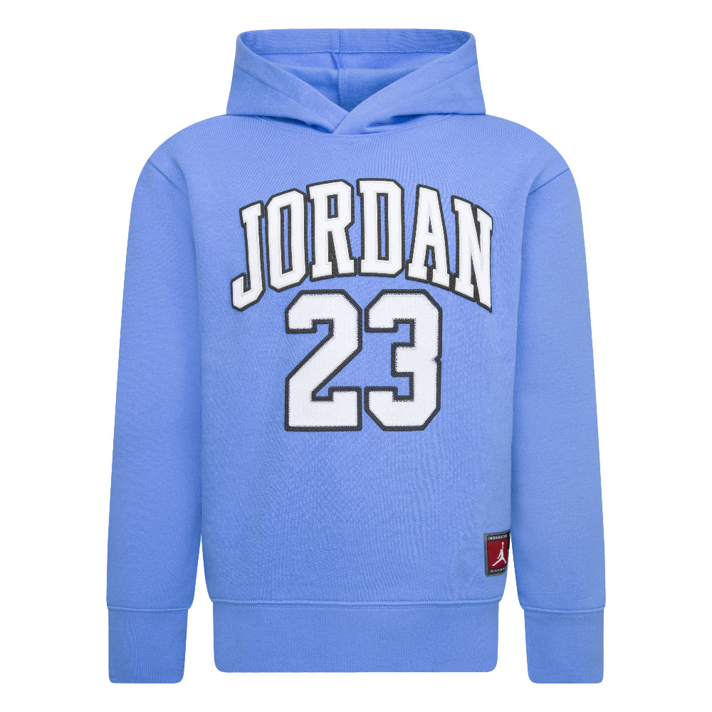 Hoodie - Jordan bleu clair avec capuche et logo blanc 23, style sport pour garçon, vue de face.