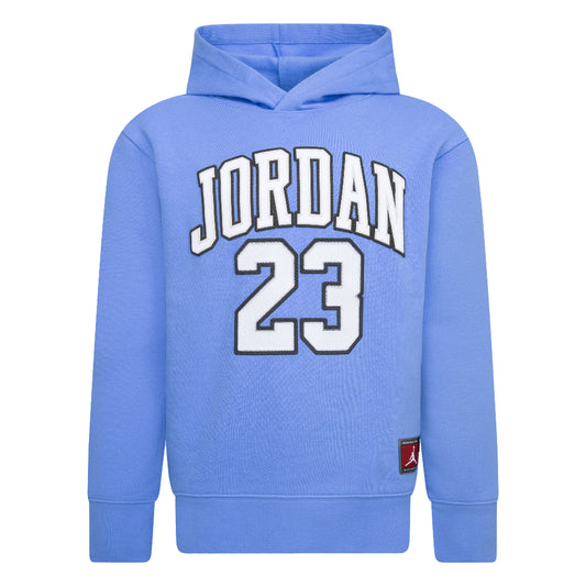 Hoodie - Jordan bleu clair avec capuche et logo blanc 23, style sport pour garçon, vue de face.