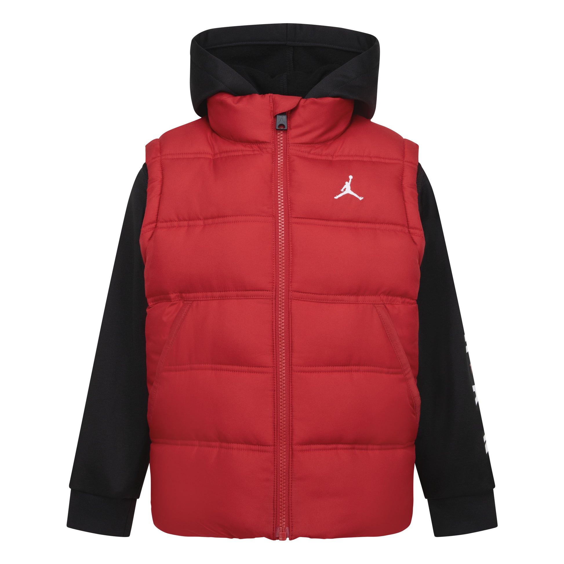 Manteau Mi-Saison - Jordan rouge et noir, manches longues sweat à capuche, rembourré duvet, pour garçon, vue de face