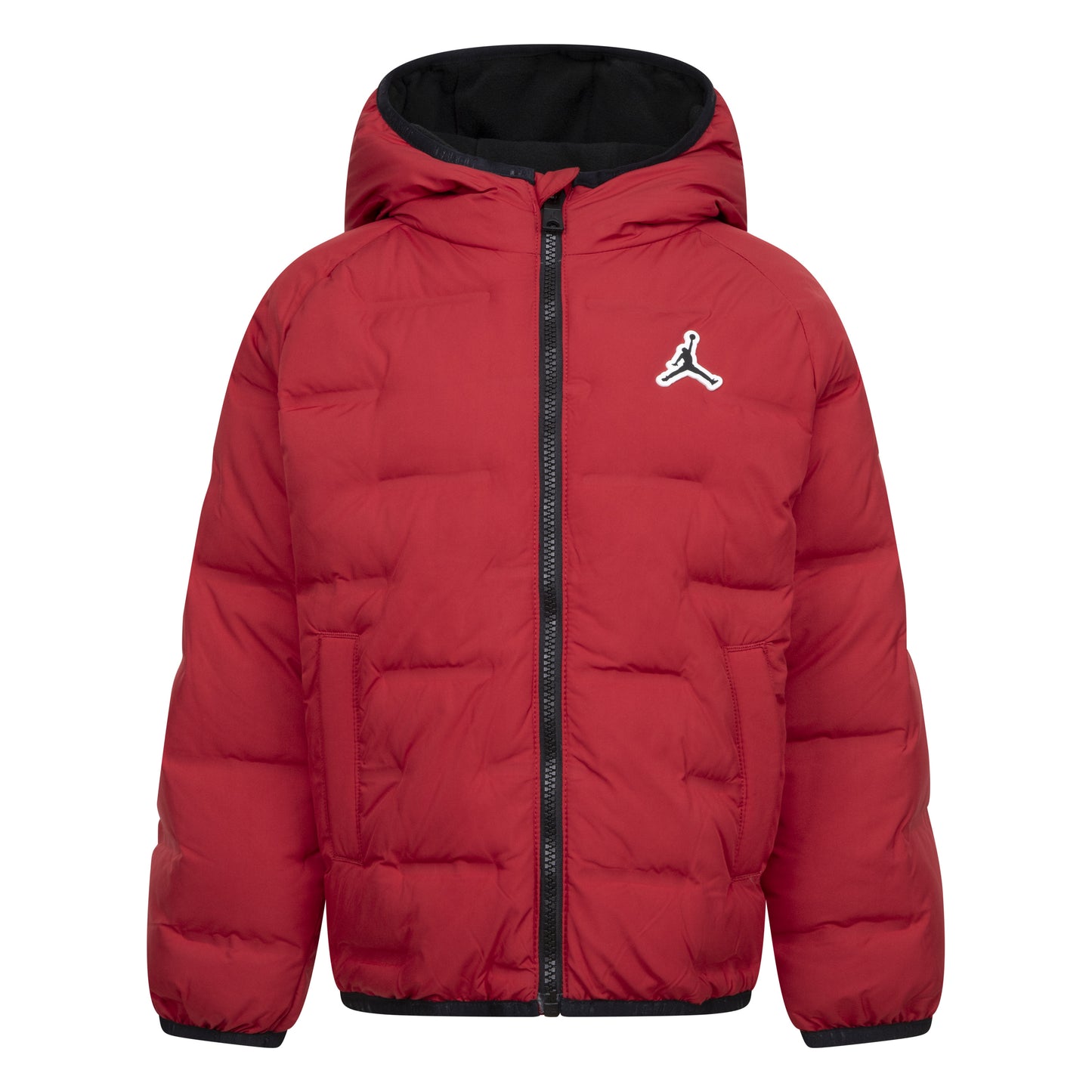 Manteau Mi-Saison - Jordan rouge avec capuche et rembourrage duvet, style garçon, vue de face, fermeture zippée noire.