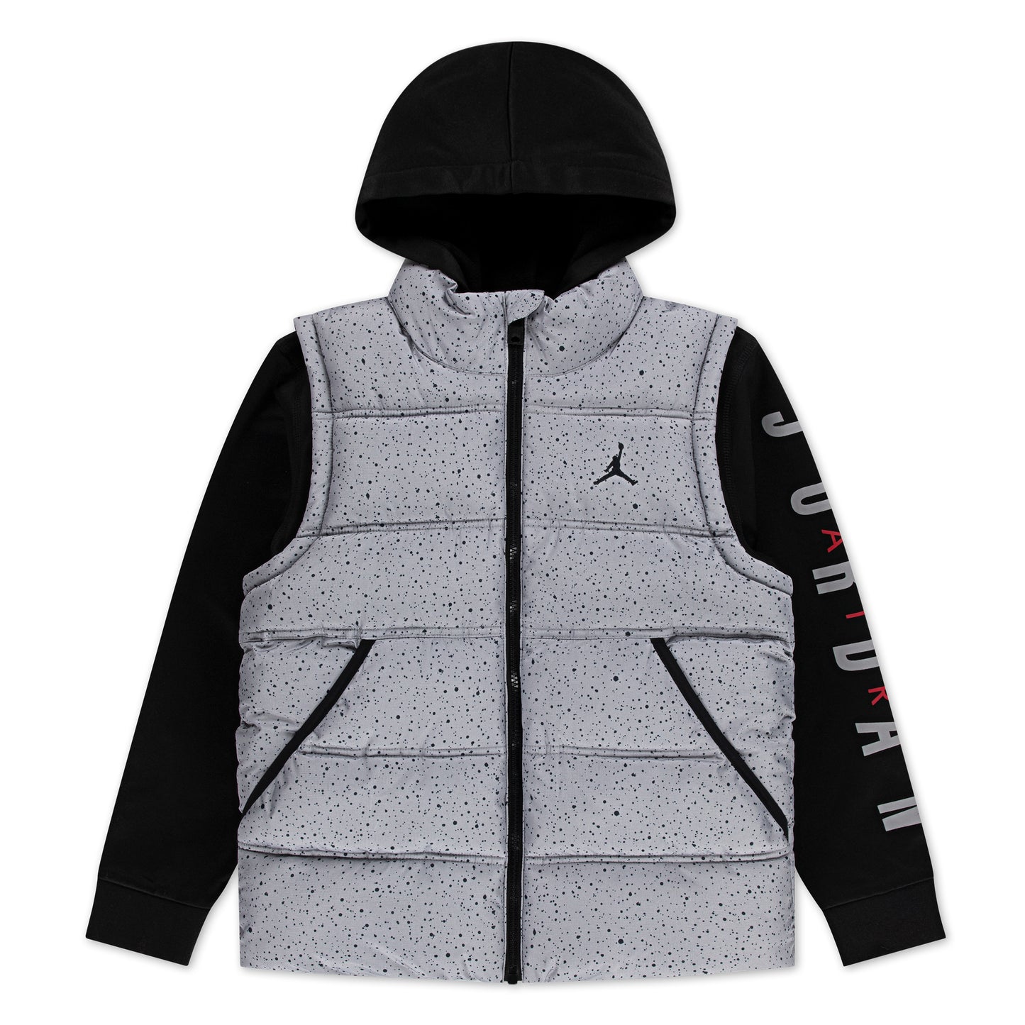 Manteau Mi-Saison - Jordan gris à motifs noirs, manches et capuche noires, logo sur poitrine, pour garçon, vue de face.