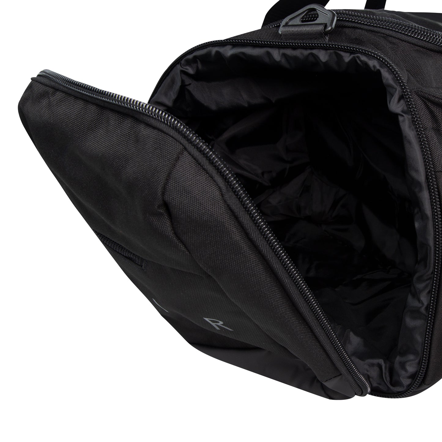 Sac sport - Jordan noir en nylon avec compartiment principal ouvert, grande capacité, vue de dessus ouverte angle côté
