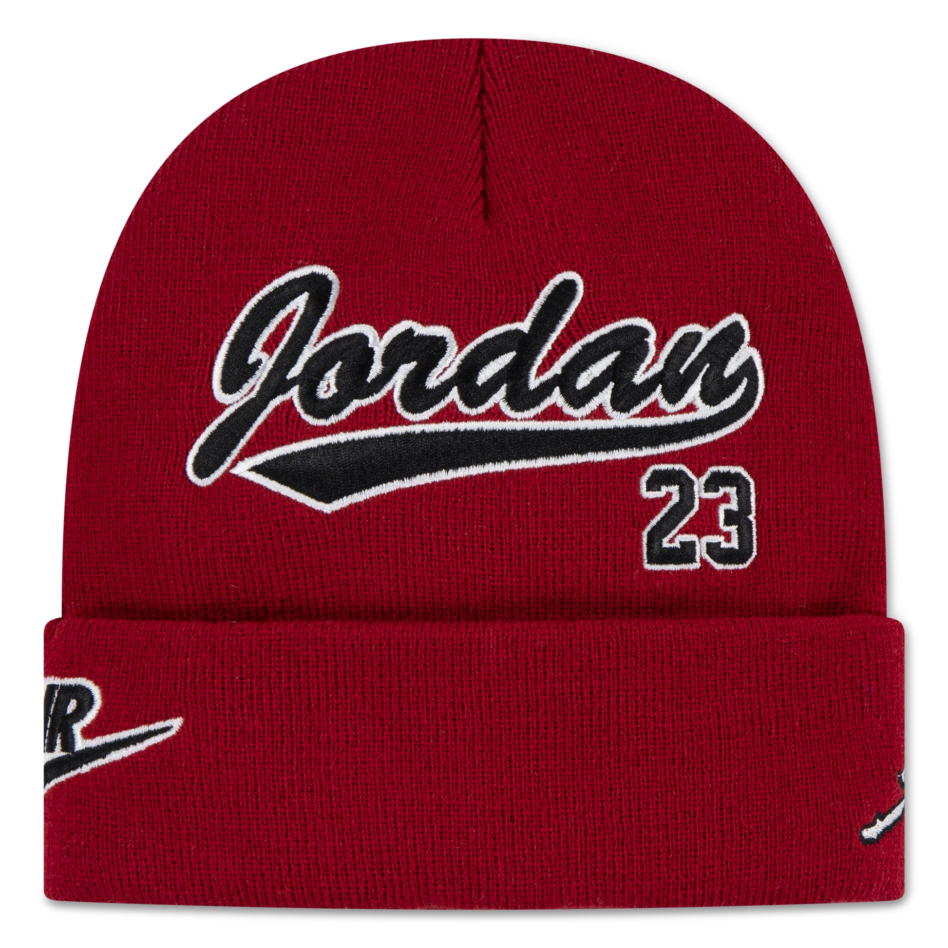 Tuque d'hiver - Jordan rouge avec logo brodé noir et blanc, double épaisseur, style enfant, vue de face.
