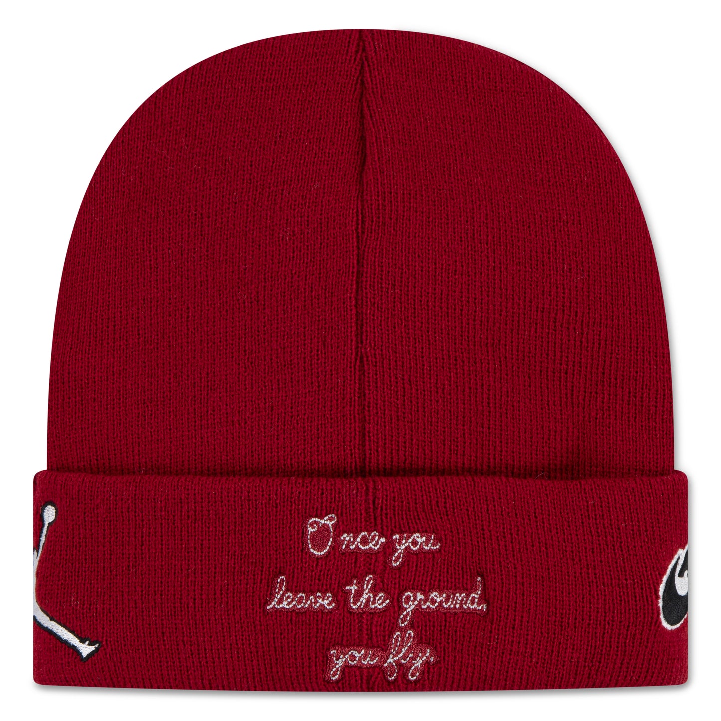 Tuque d'hiver - Jordan en tricot rouge bordeaux avec broderie blanche, double épaisseur, vue de face.