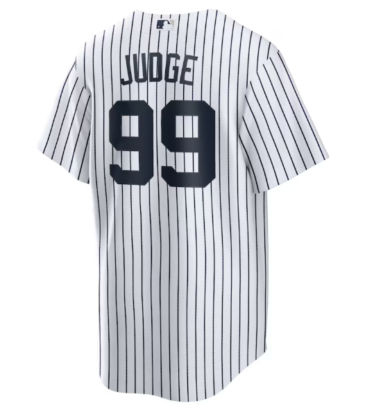 Jersey baseball - Judge Yankees blanc à rayures noires avec numéro 99 dans le dos, sublimation, pour enfant, vue de dos