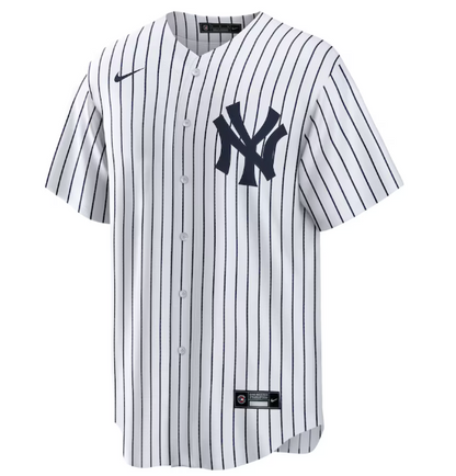 Jersey baseball - Judge Yankees blanc à rayures noires avec logo brodé poitrine, manches courtes, pour enfant, vue de face