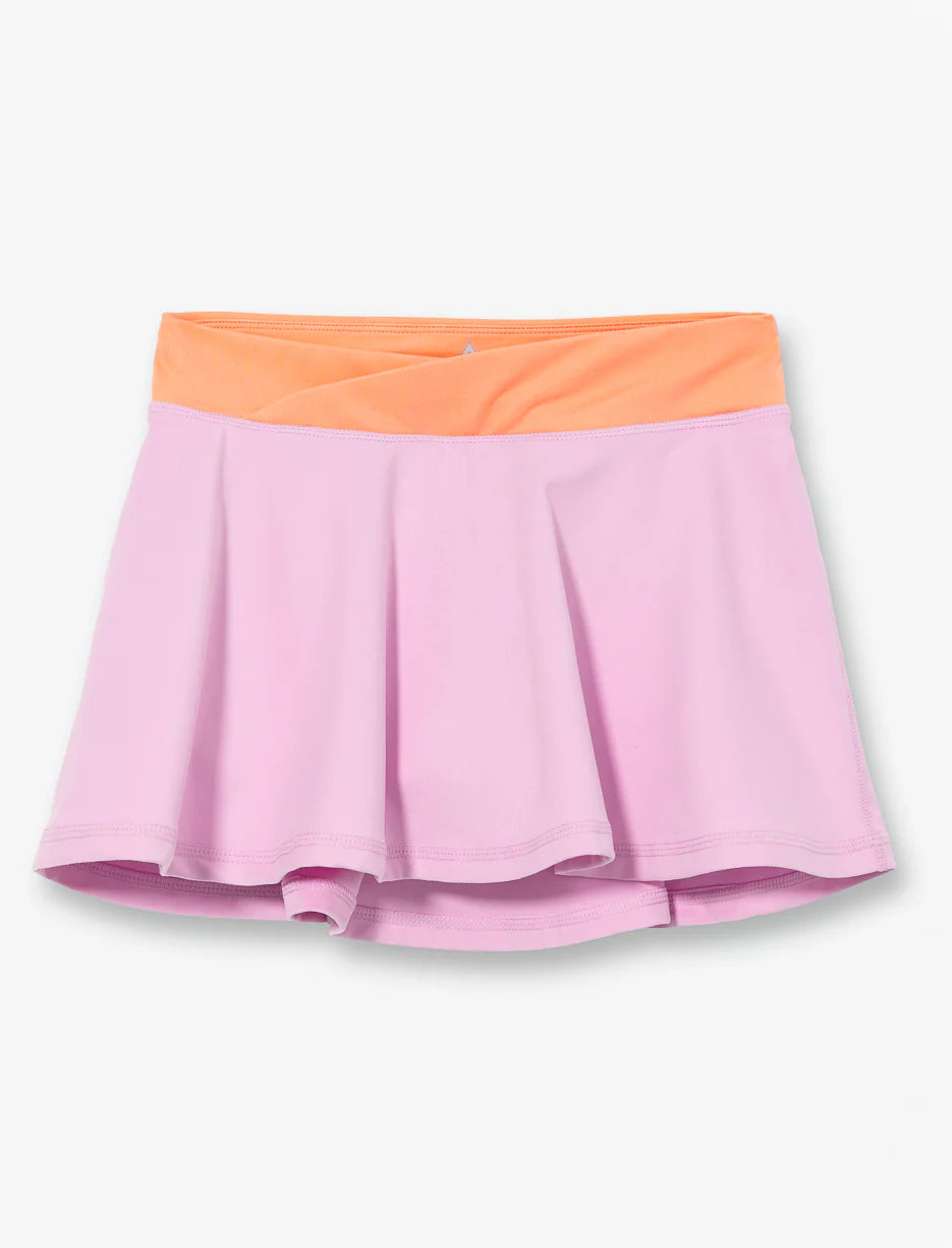 Jupe Short - M.I.D lilas avec taille croisée pêche en polyester et élasthanne, vue de face et de dos sur fond blanc.