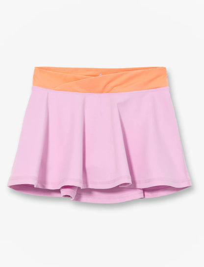 Jupe Short - M.I.D lilas avec taille croisée pêche en polyester et élasthanne, vue de face et de dos sur fond blanc.