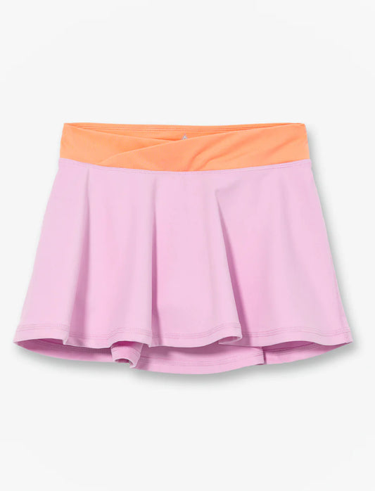 Jupe Short - M.I.D lilas avec taille croisée pêche en polyester et élasthanne, vue de face et de dos sur fond blanc.