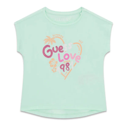 T-Shirt - Guess vert menthe avec motif coloré rose et orange, manches courtes, vue de face, coton enfant.