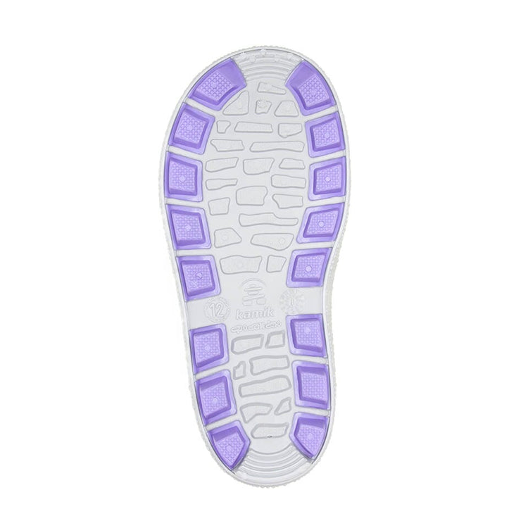 Semelle extérieure translucide avec détails violets, vue dessous, Bottes de pluie Riptide - Kamik pour fille.