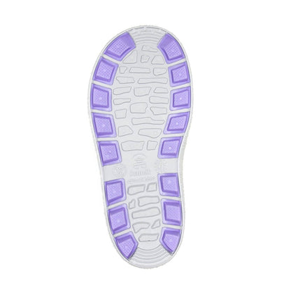 Semelle extérieure translucide avec détails violets, vue dessous, Bottes de pluie Riptide - Kamik pour fille.