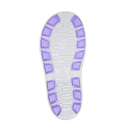 Semelle extérieure blanche et violette de Bottes de pluie Riptide - Kamik pour fille, détail au sol, matériau synthétique antidérapant