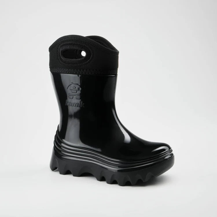 Bottes de pluie - Kamik noires en caoutchouc brillant avec haut néoprène noir, poignées, vue de profil gauche enfant.